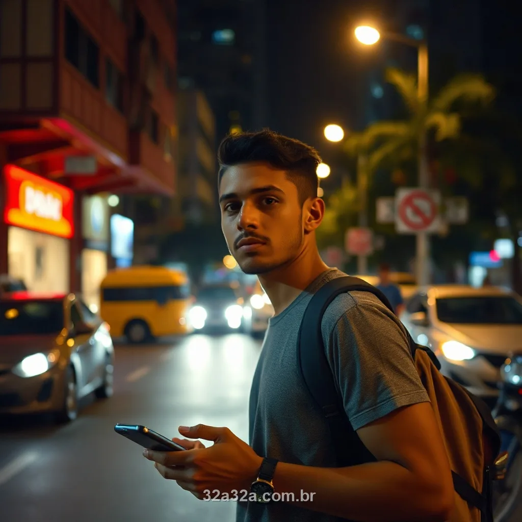 Jovem brasileiro na rua à noite com luzes vermelhas e douradas olhando o celular