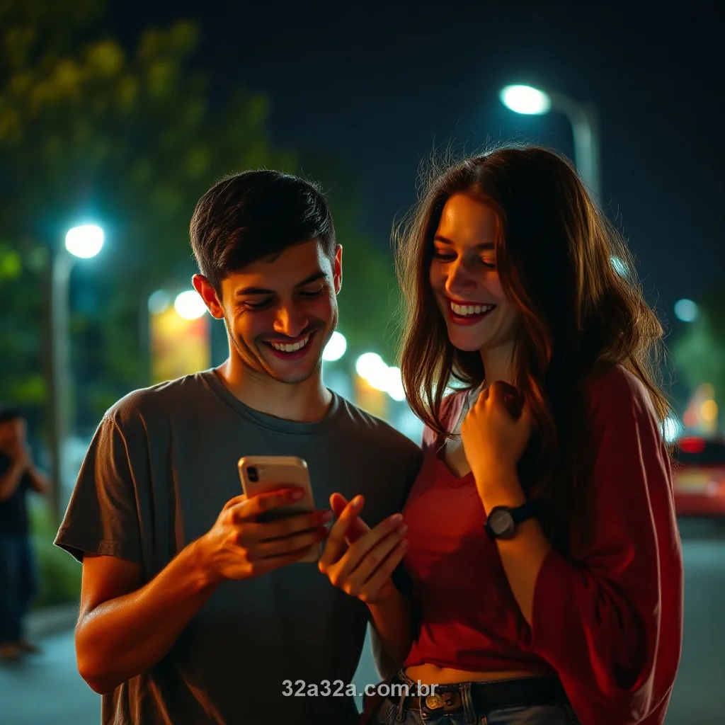 Dois amigos brasileiros rindo enquanto compartilham a tela do celular à noite