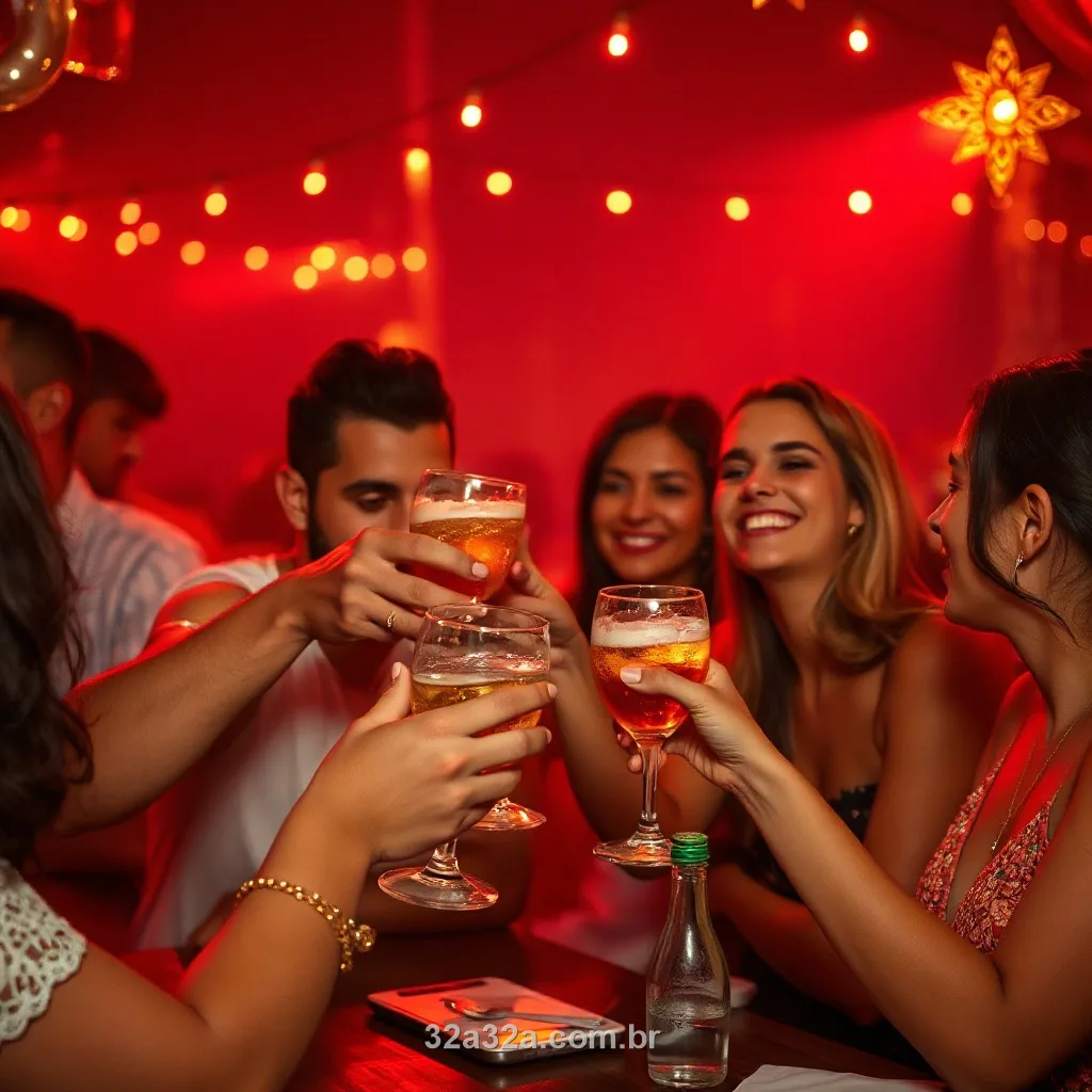 Amigos brasileiros comemorando juntos numa noite festiva sob luz vermelha e dourada