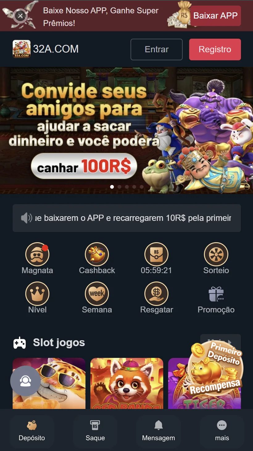 Tela do app oficial 32A.com com promoções e jogos